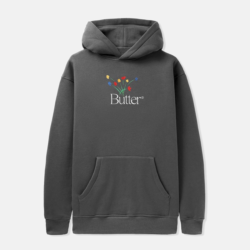 Butter Goods – Bouquet Embroidered Pullover Hooded Sweatshirt – Washed Black