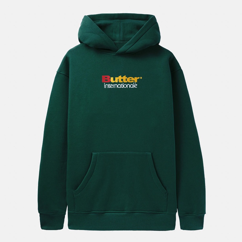 Butter Goods – Internationale Embroidered Pullover Hooded Sweatshirt – Forest Green