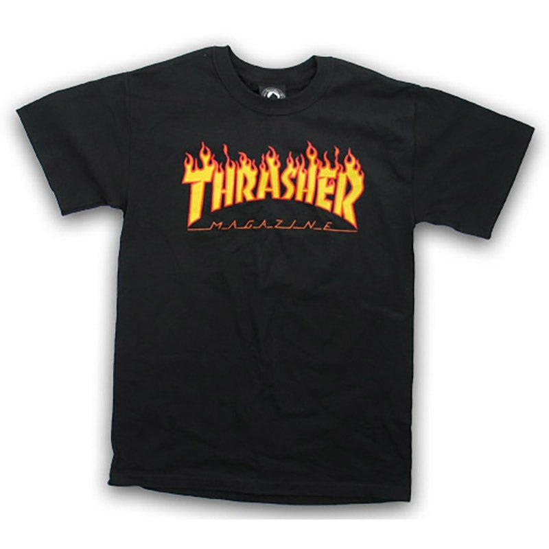 Thrasher Skateboard Magazine FLAME BLACK Short Sleeve T-Shirts