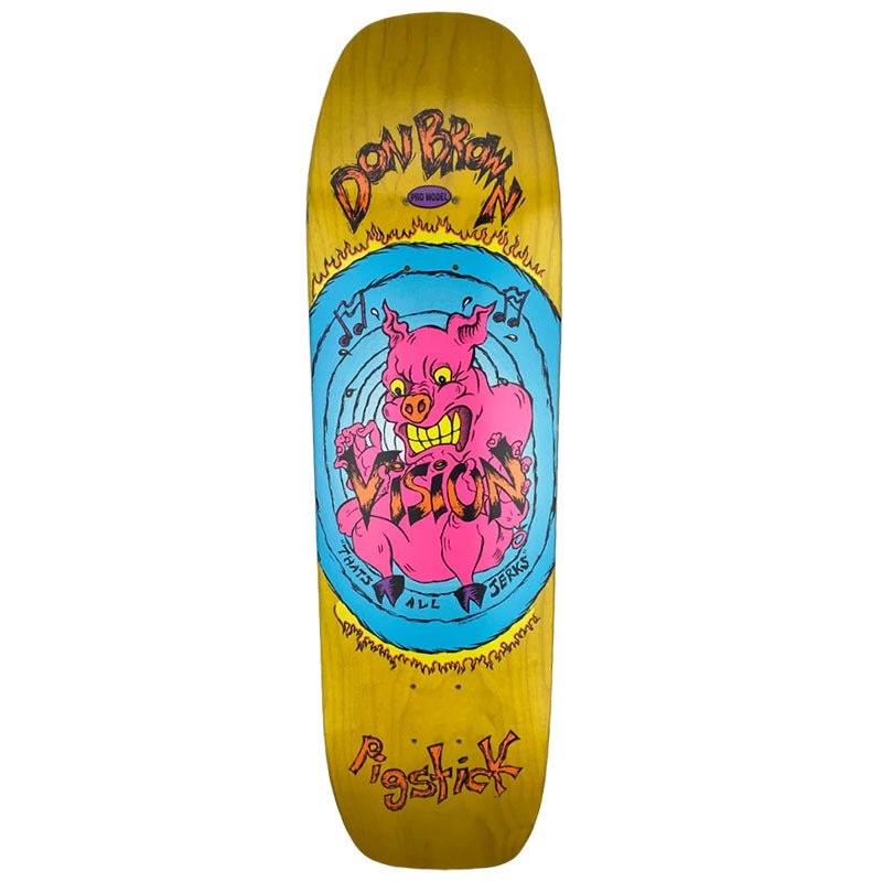 Vision  8.75 x 32.25 (YELLOW STAIN) Don Brown Pig Stick Modern Shape Skateboard Deck